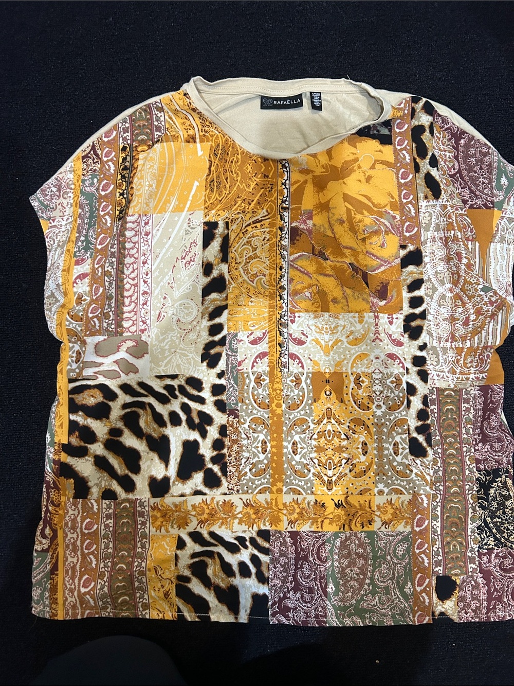 Rafaella Patchwork Short Sleeve Top - Animal Print, Mustard, Black, Cream